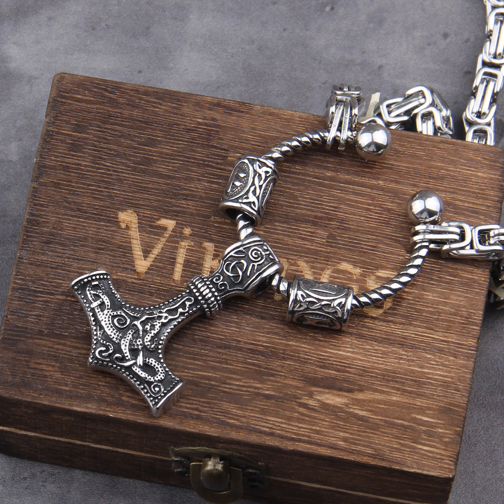 King Chain Mjolnir with Rune Beads