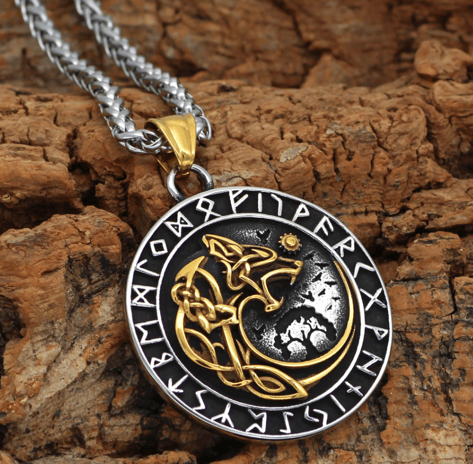 Vikings Roar Gold Trimmed Fenrir Swallowing The Sun Necklace