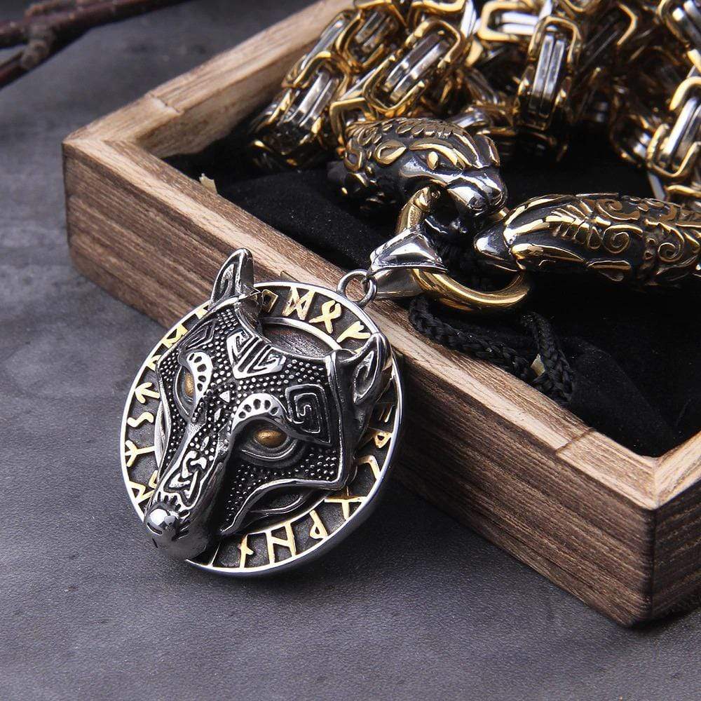 Vikings Roar Gold Trimmed King Chain With Dragon Heads & Gold Plated  Wolf Pedant