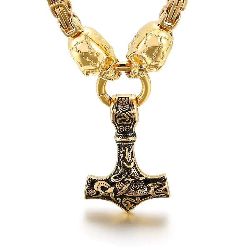 Odins-Glory Gold Trimmed King Chain With Skull & Mjolnir Pendant