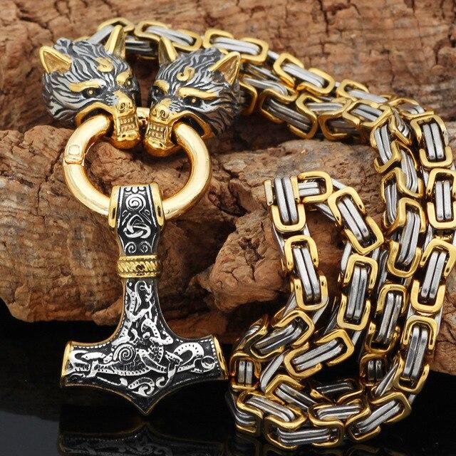 Odins-Glory king chain / 50cm Gold Trimmed King Chain With Wolf Heads & Mjolnir Pendant