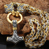 Odins-Glory king chain / 50cm Gold Trimmed King Chain With Wolf Heads &amp; Mjolnir Pendant