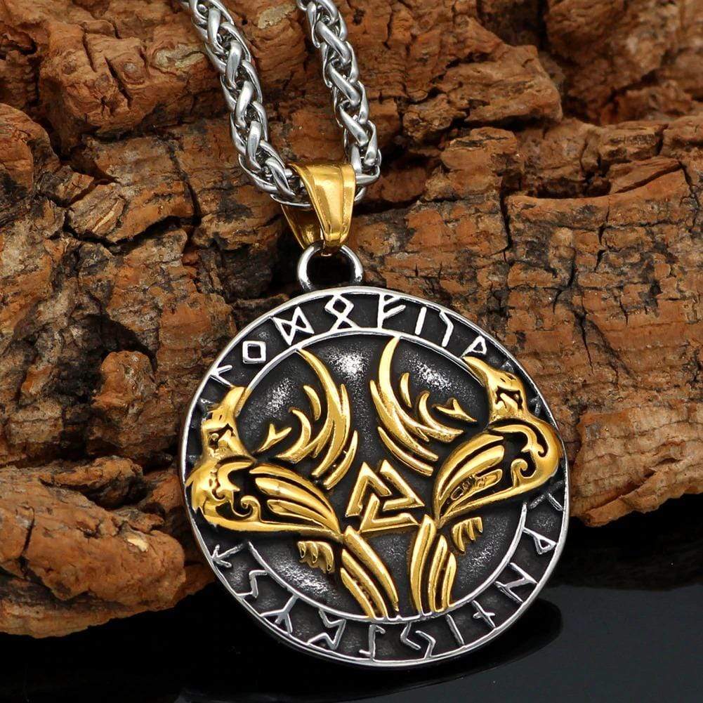 Vikings Roar Gold Trimmed Raven Necklace with Valknut Symbol