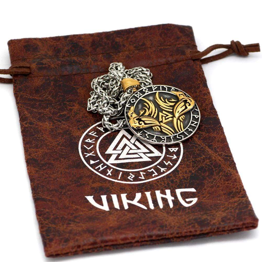 Vikings Roar Gold Trimmed Raven Necklace with Valknut Symbol