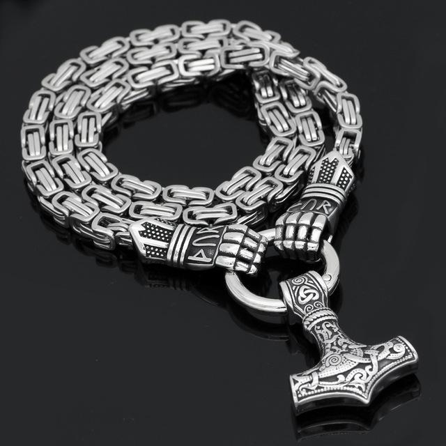 Odins-glory King Chain With Berserker Holding A Mjolnir Pendant