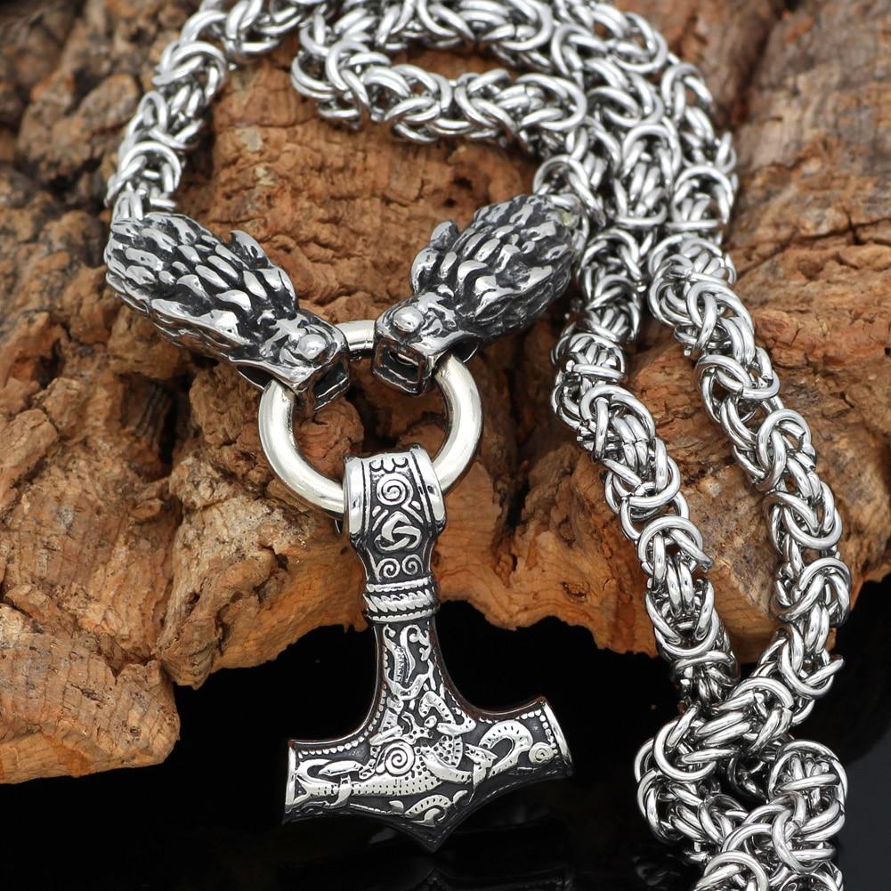 Odins-glory 60cm - 24inch King Chain With Dragon Heads & Mjolnir Pendant