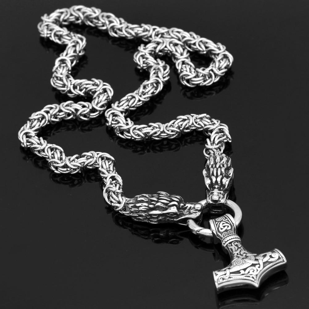 Odins-glory 60cm - 24inch King Chain With Dragon Heads & Mjolnir Pendant