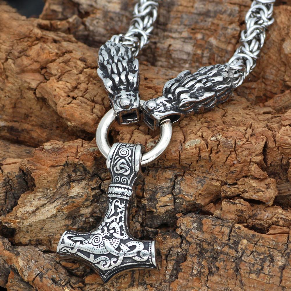 Odins-glory 60cm - 24inch King Chain With Dragon Heads & Mjolnir Pendant