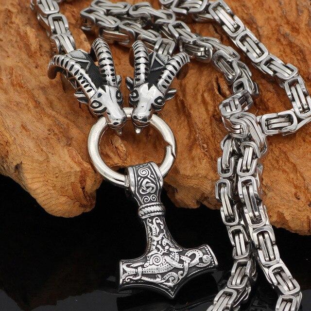 Odins-Glory 2 / 70cm - 28inch King Chain With Rams Horns & Mjolnir Pendant