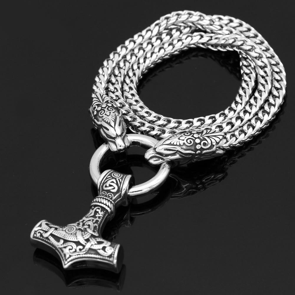 Odins-glory 60cm - 24inch King Chain With Tiger Heads & Mjolnir Pendant