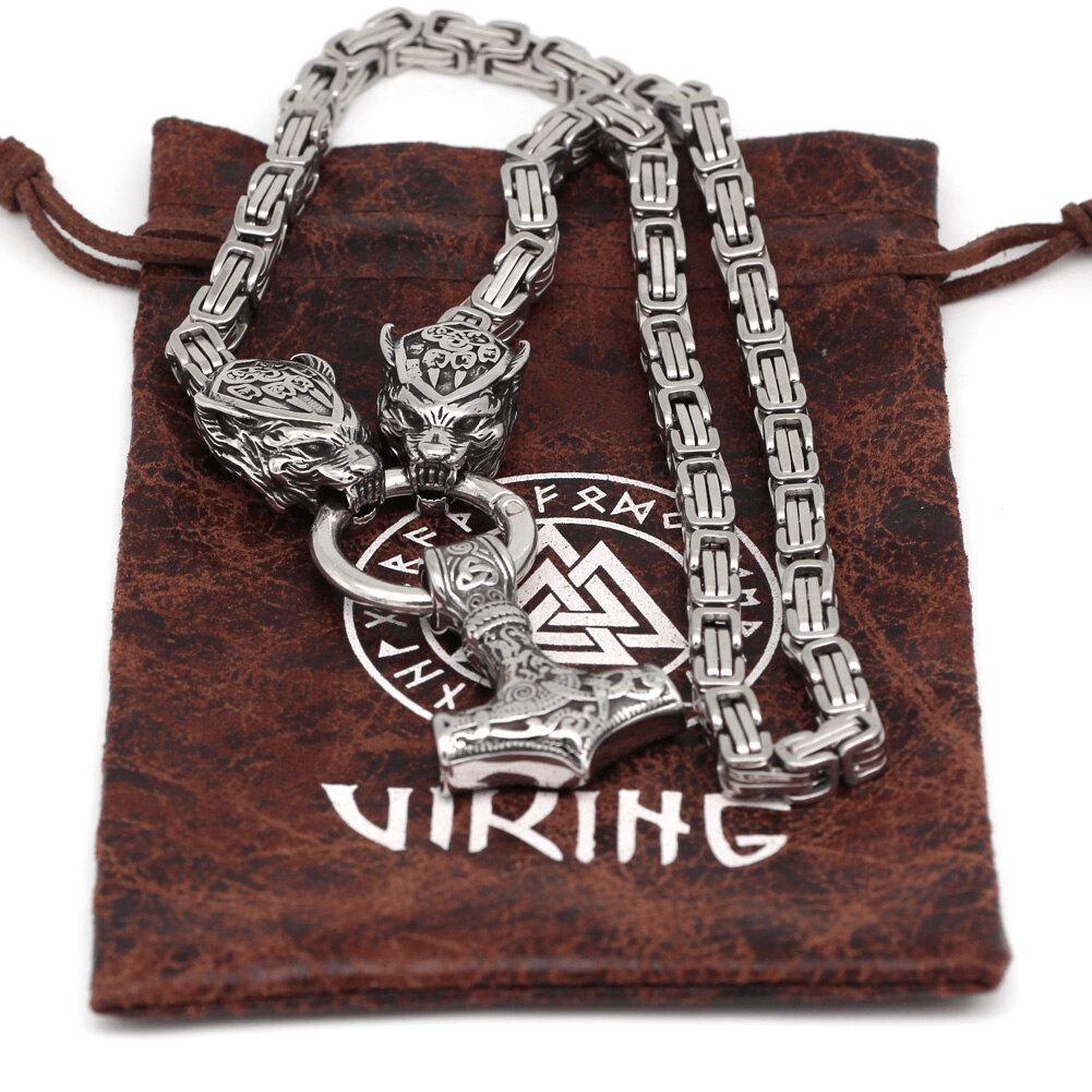 Odins-glory King Chain With Wolf Claws & Mjolnir Pendant