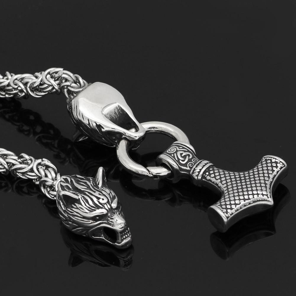 Odins-Glory King Chain With Wolf Heads & Mjolnir Pendant