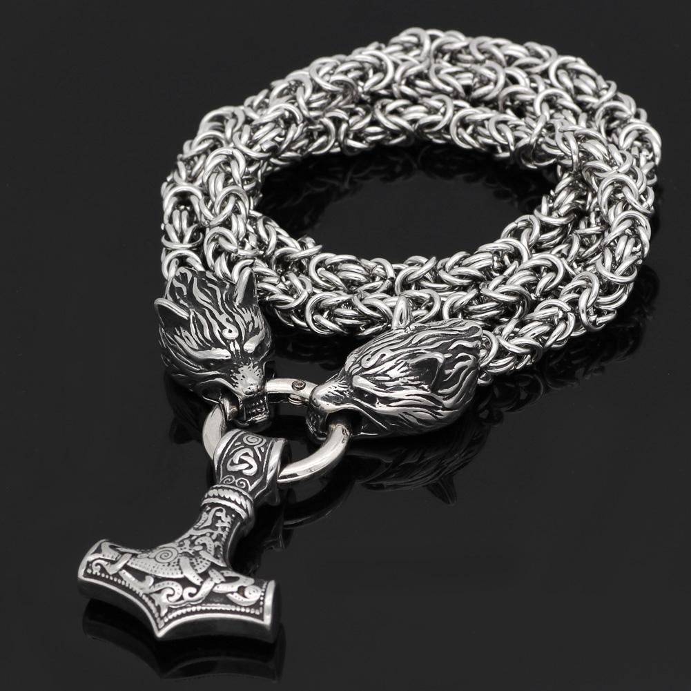 Odins-Glory King Chain With Wolf Heads & Mjolnir Pendant