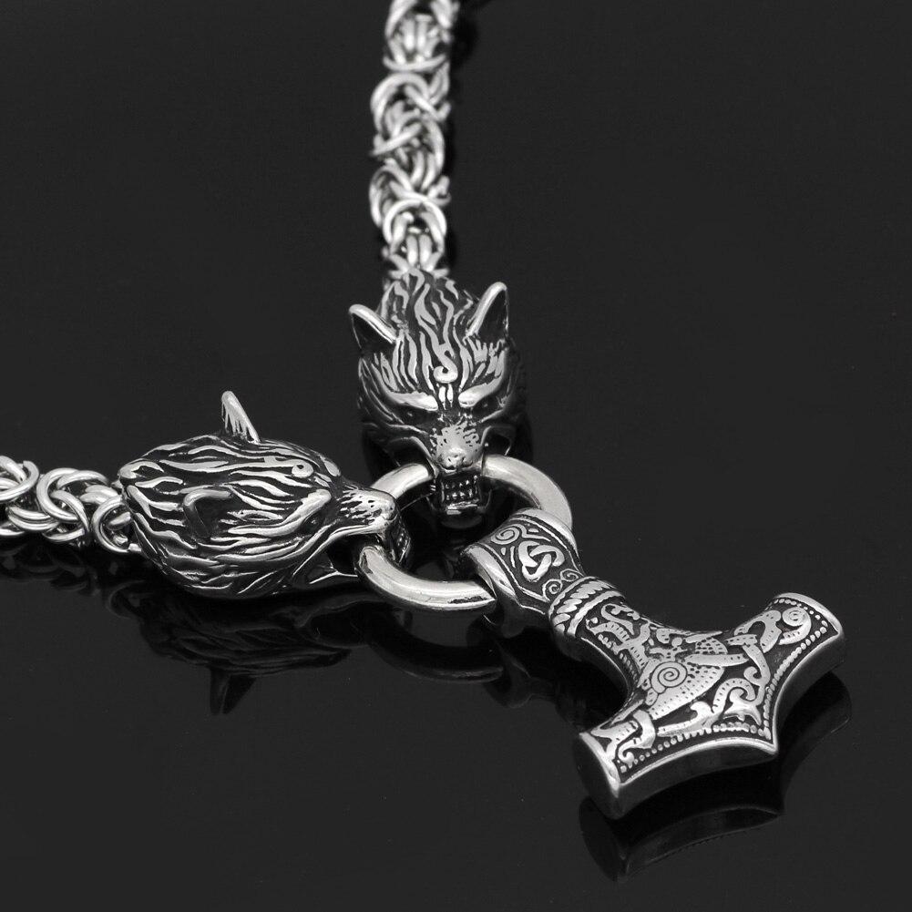 Odins-Glory King Chain With Wolf Heads & Mjolnir Pendant