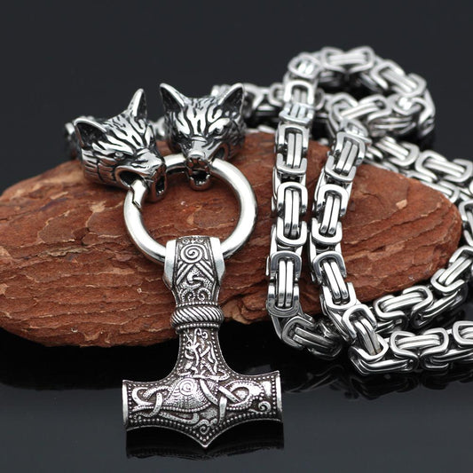 Odins-glory King Chain With Wolf Heads & Mjolnir Pendant