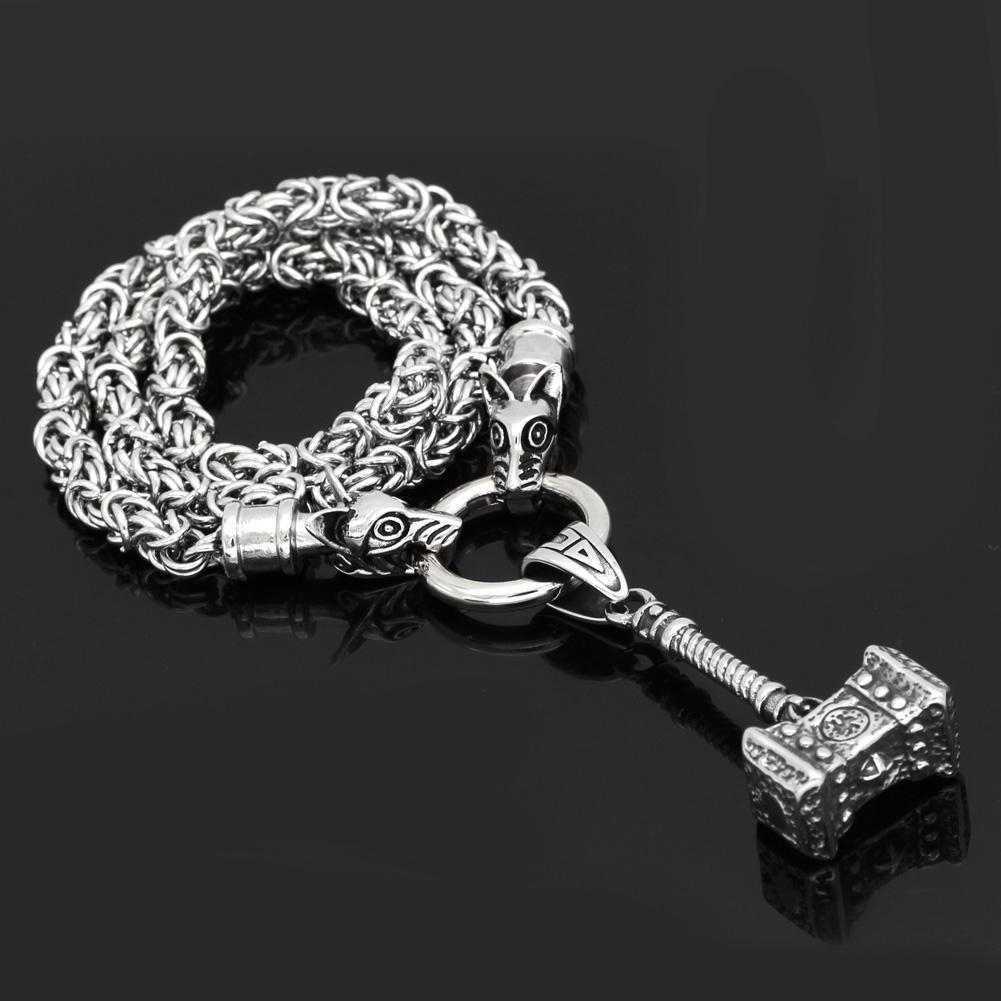 Odins-glory 60cm - 24inch King Chain With Wolf Heads & Mjolnir Pendant