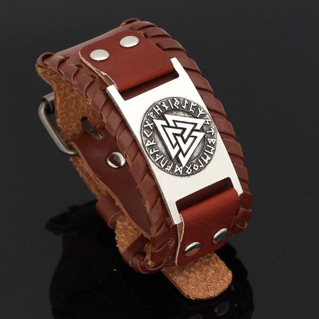 Odins-glory Brown Silver Leather Valknut Bracelet