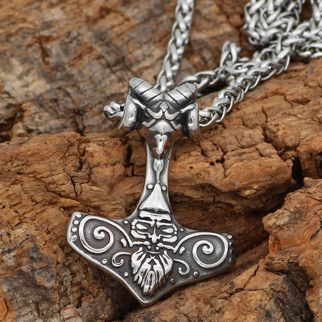 Odins-glory Steel Mjolnir Necklace with Ram Horns