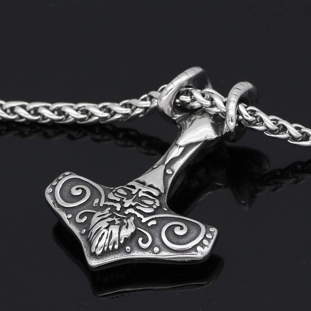 Odins-glory Steel Mjolnir Necklace with Ram Horns