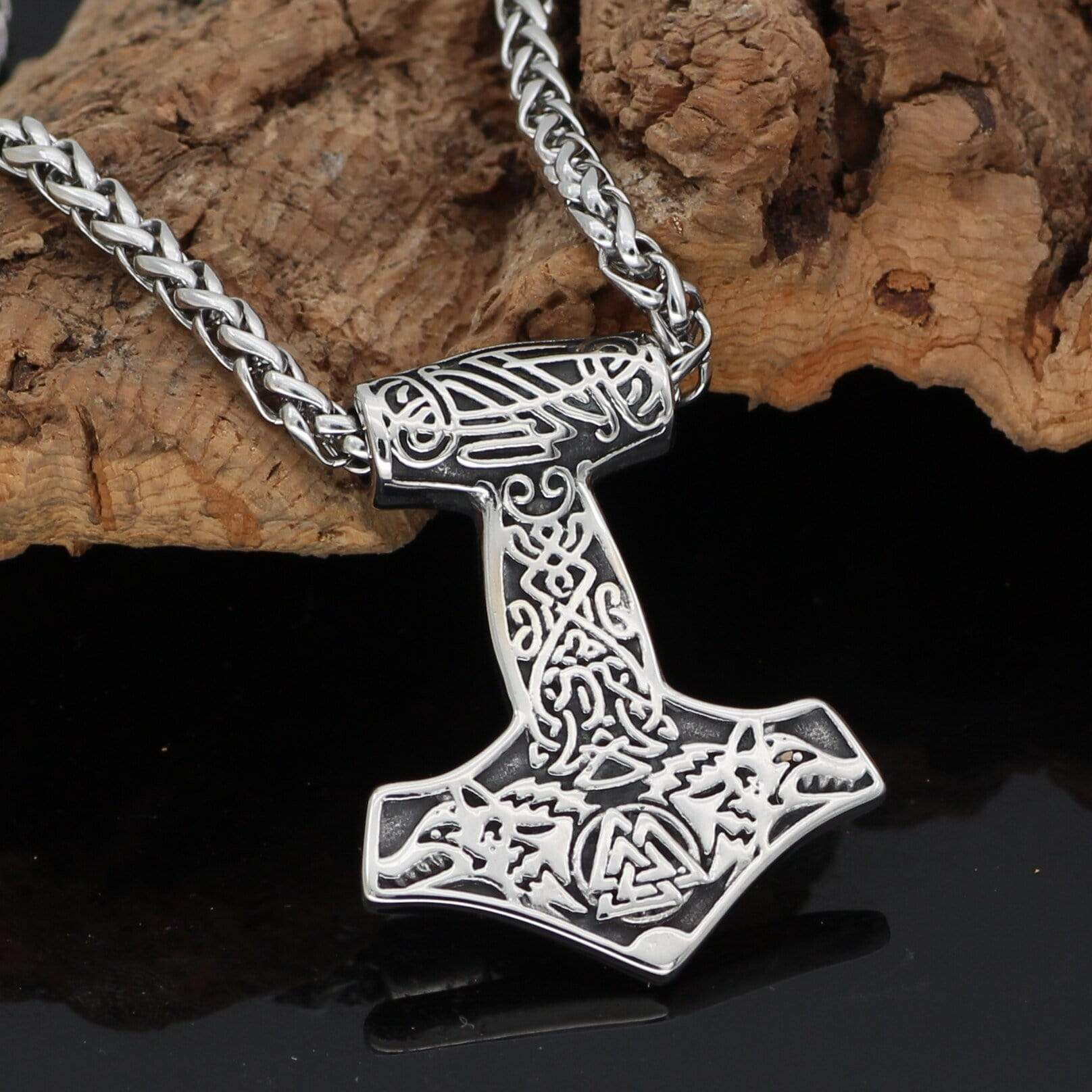 Odins-Glory Mjolnir Necklace With Wolves & Valknut Symbol