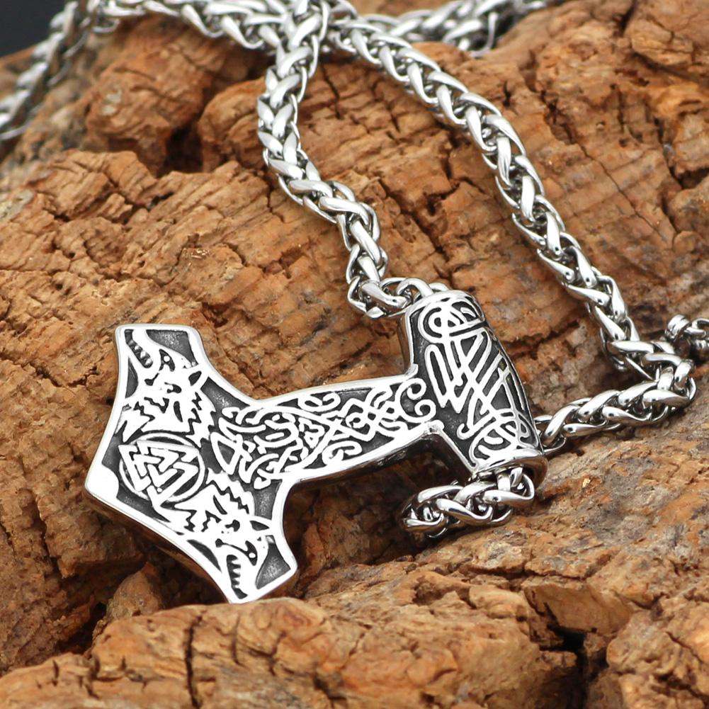 Odins-Glory Mjolnir Necklace With Wolves & Valknut Symbol