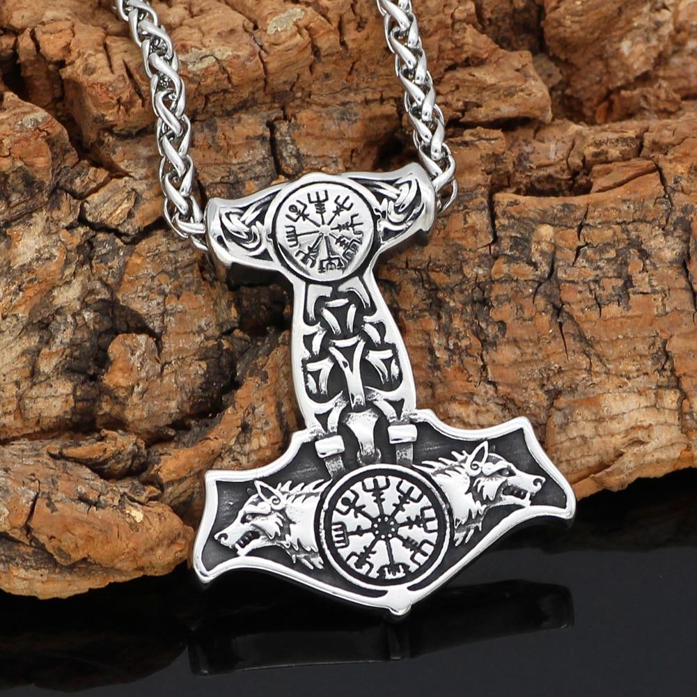 Odins-Glory Mjolnir Necklace With Wolves & Vegvisir Symbol