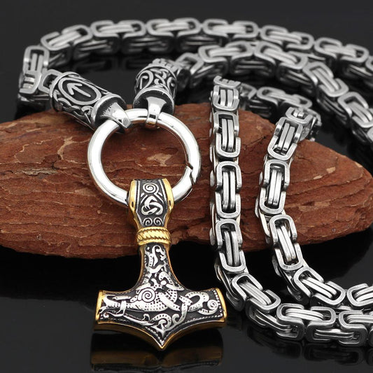 Odins-Glory Rune King Chain With Gold Trimmed Mjolnir Pendant