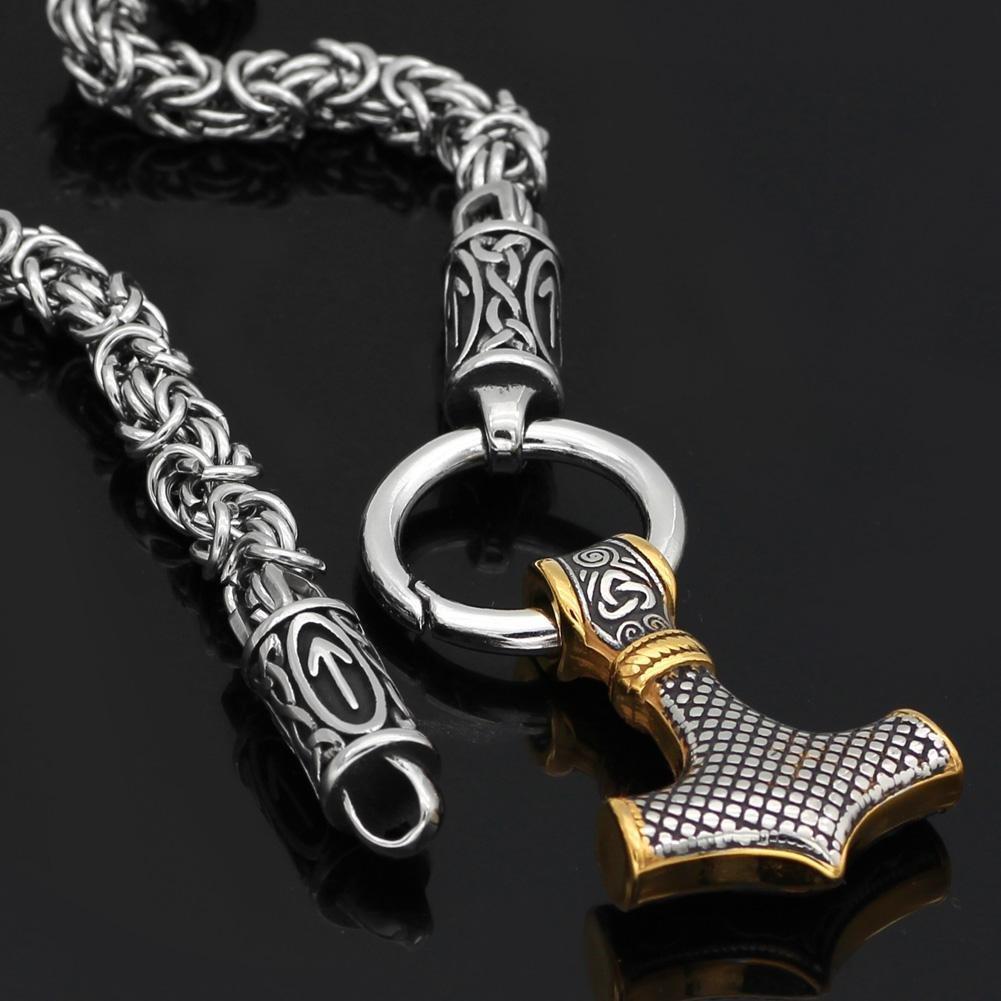 Odins-Glory 50cm - 20inch Rune King Chain With Gold Trimmed Mjolnir Pendant