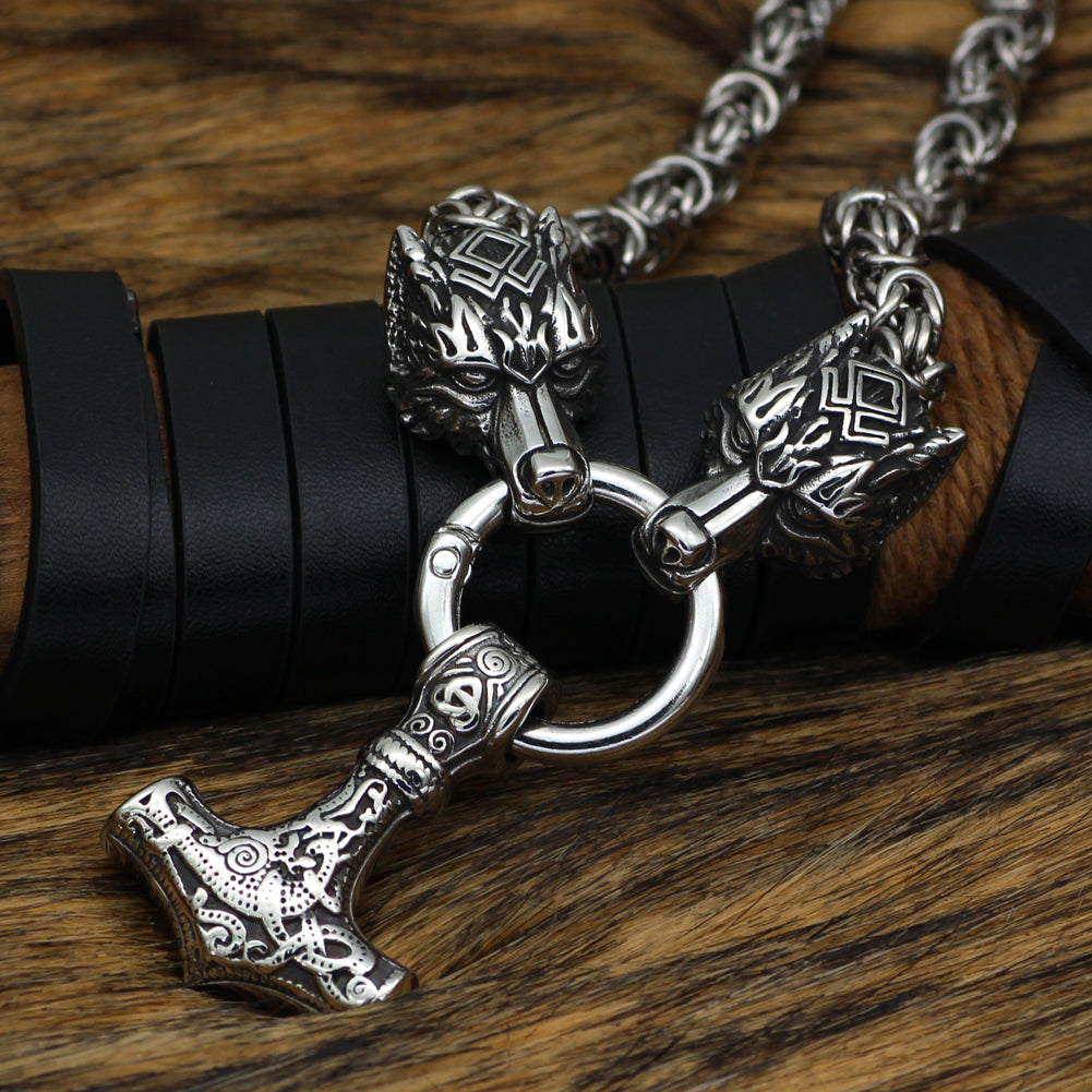 King Chain With Wolf Head & Silver Mjolnir Pendant