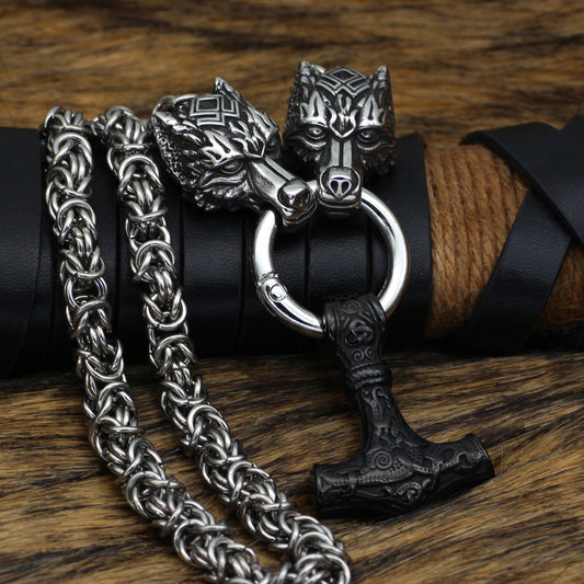 King Chain With Wolf Head & Black Metal Mjolnir Pendant