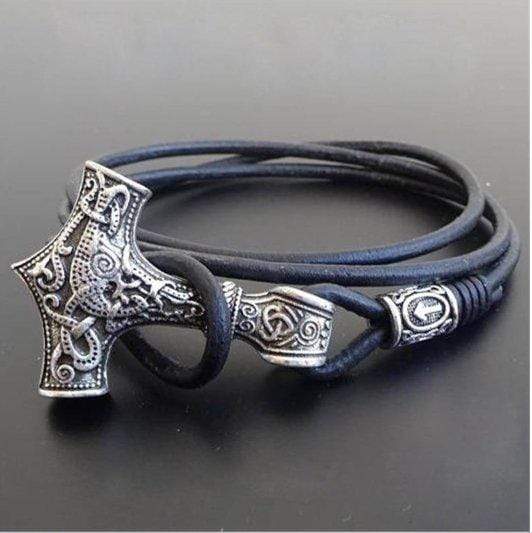 ageofvikings Silver Thor Hammer Leather Bracelet