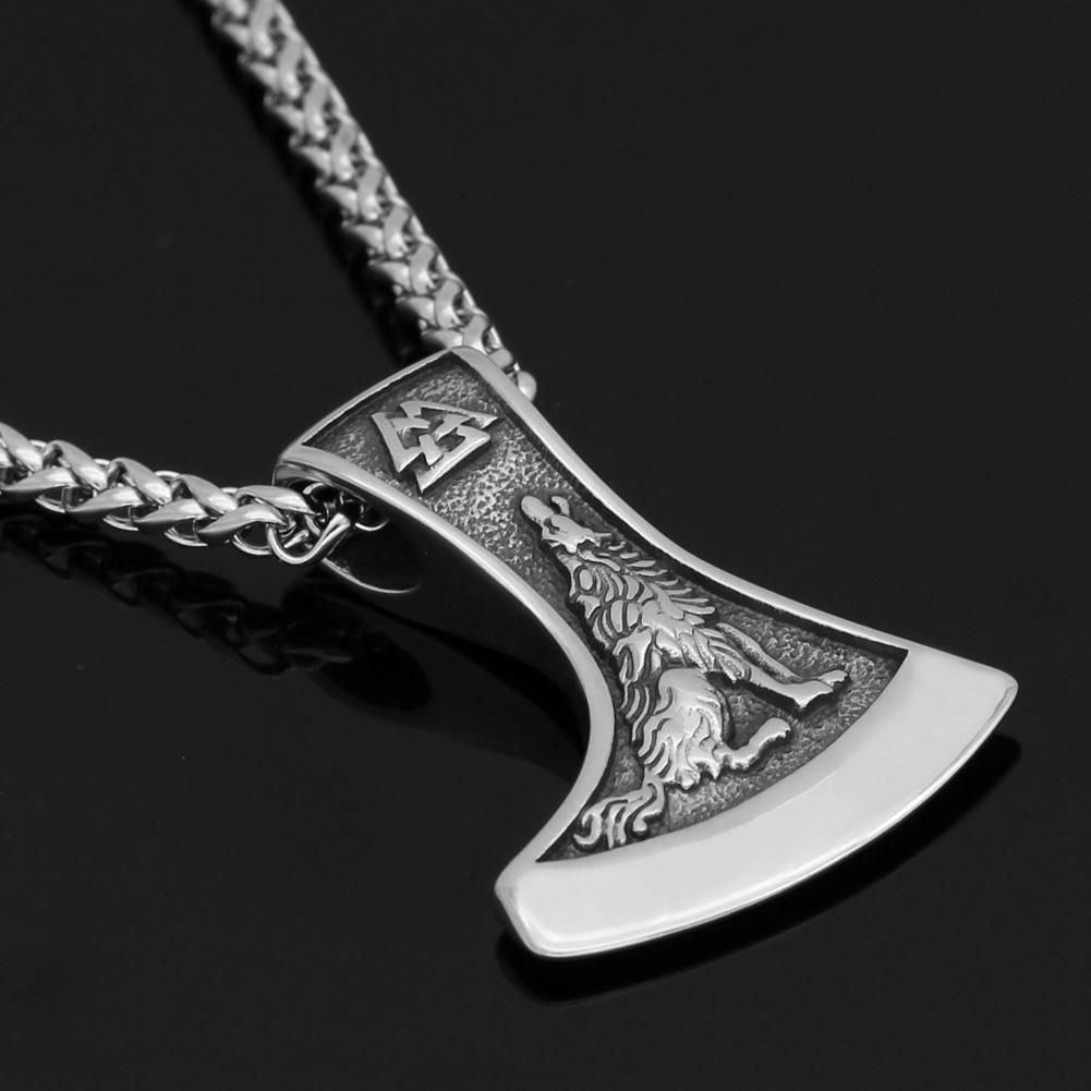 Odins-glory Steel Viking Axe Necklace With Wolf And Raven