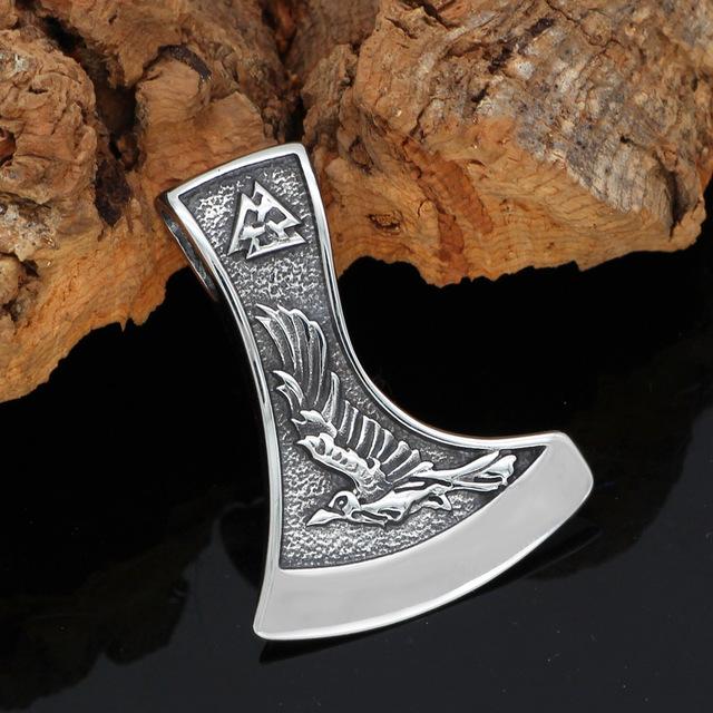 Odins-glory Steel Viking Axe Necklace With Wolf And Raven