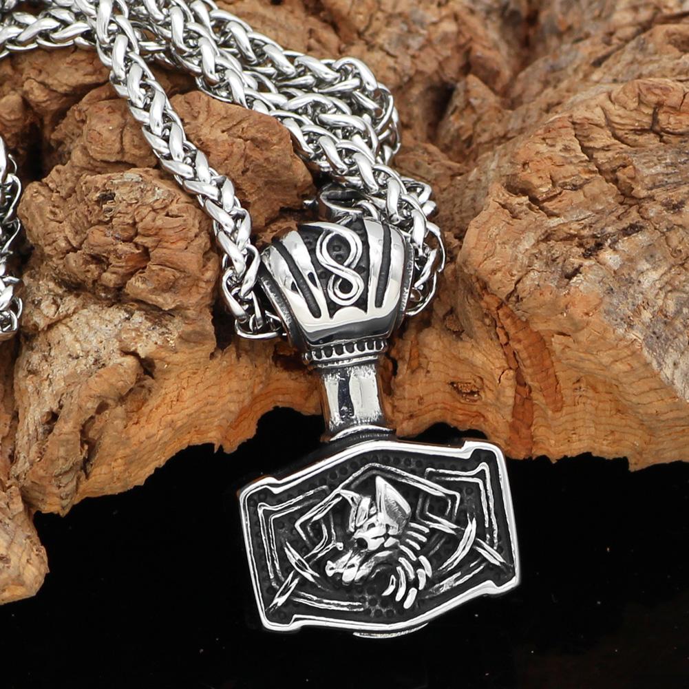 Odins-glory Steel Viking Mjolnir Necklace With Fenrir Symbol