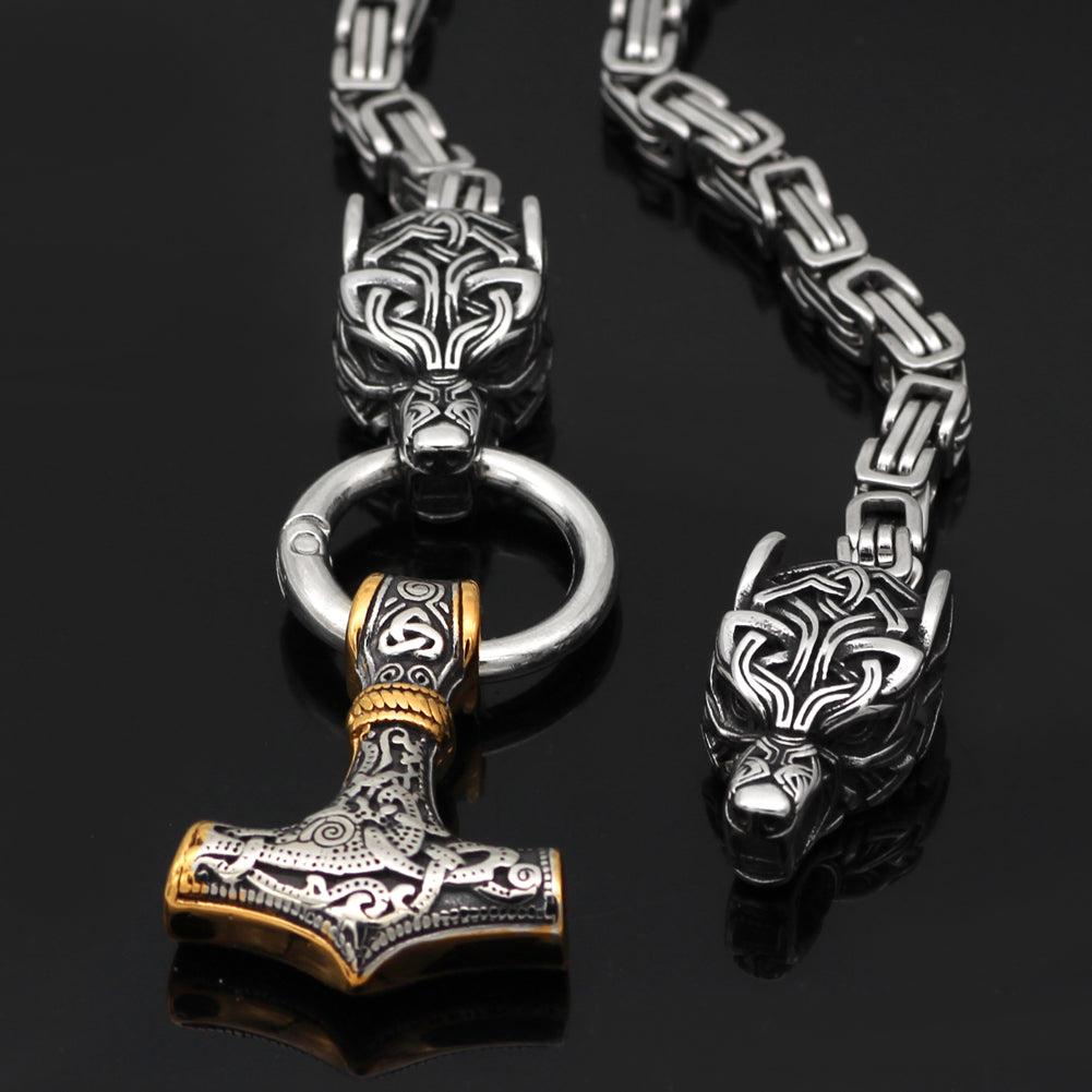 King Chain With Wolves Holding Gold Trimmed Mjolnir