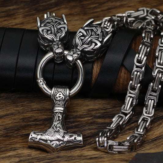 King Chain With Wolves Holding Silver Mjolnir