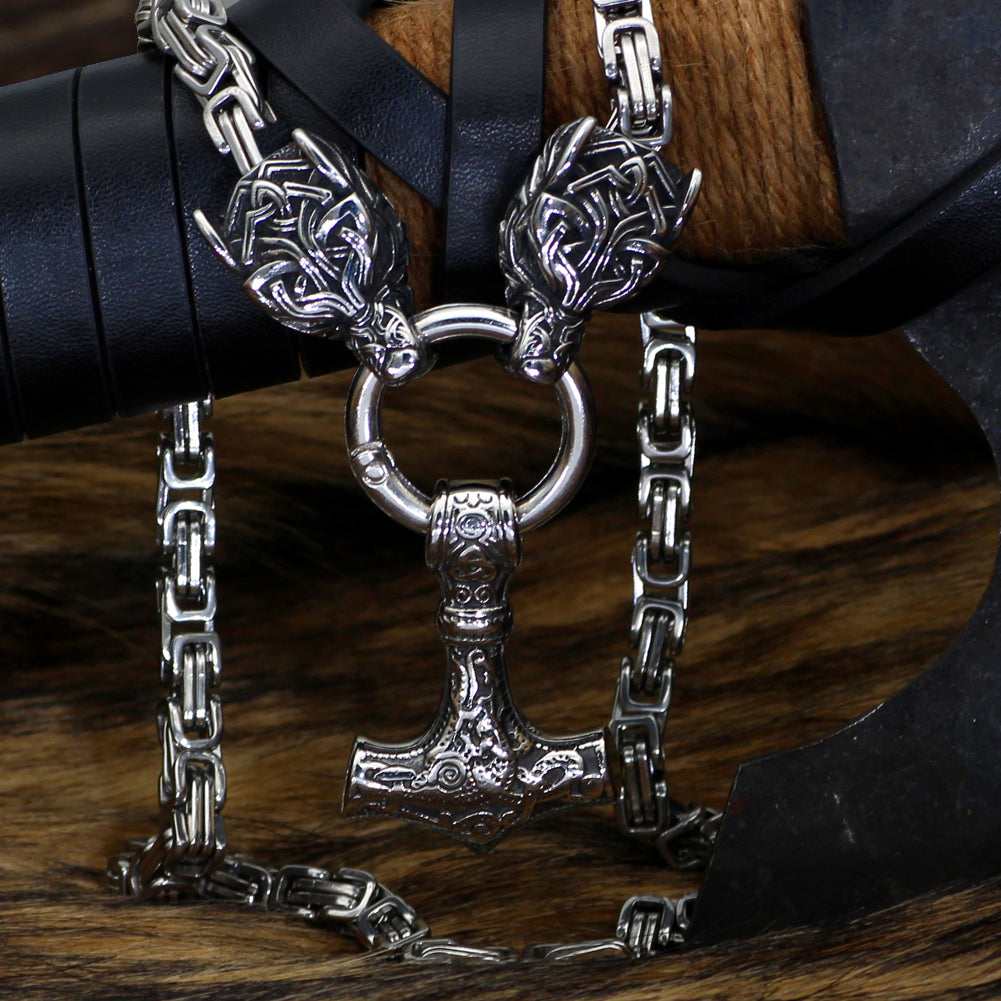 King Chain With Wolves Holding Silver Mjolnir
