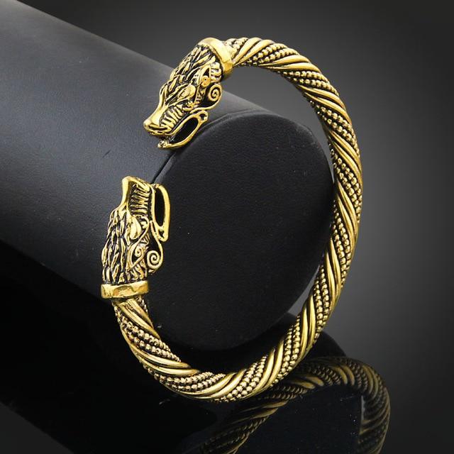 Odins-Glory Antique Gold Plated Wolf Head Viking Armring